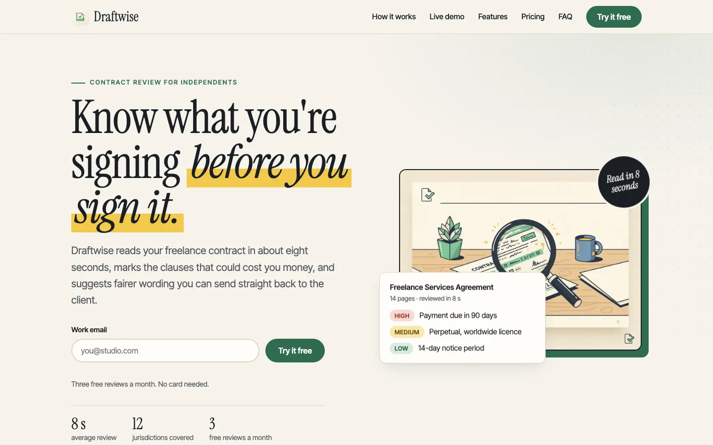 Draftwise, a landing page template for an AI contract review tool, with an email sign-up form