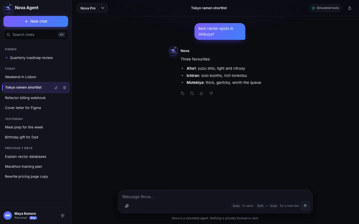 Nova chat template showing a sidebar of chats and a formatted answer