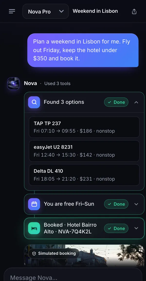 The chat app on a phone, with a user message, tool results and a booking card