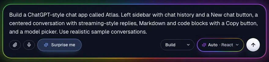 The Supacode home composer with a prompt for a ChatGPT-style chat app typed in and the stack set to Auto · React