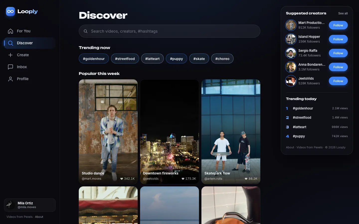 Looply Discover page with trending hashtags and a grid of popular videos