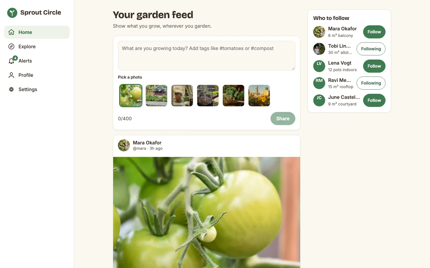 Sprout Circle, a social network template for gardeners, with a post composer, photo picker, a feed post and a Who to follow panel