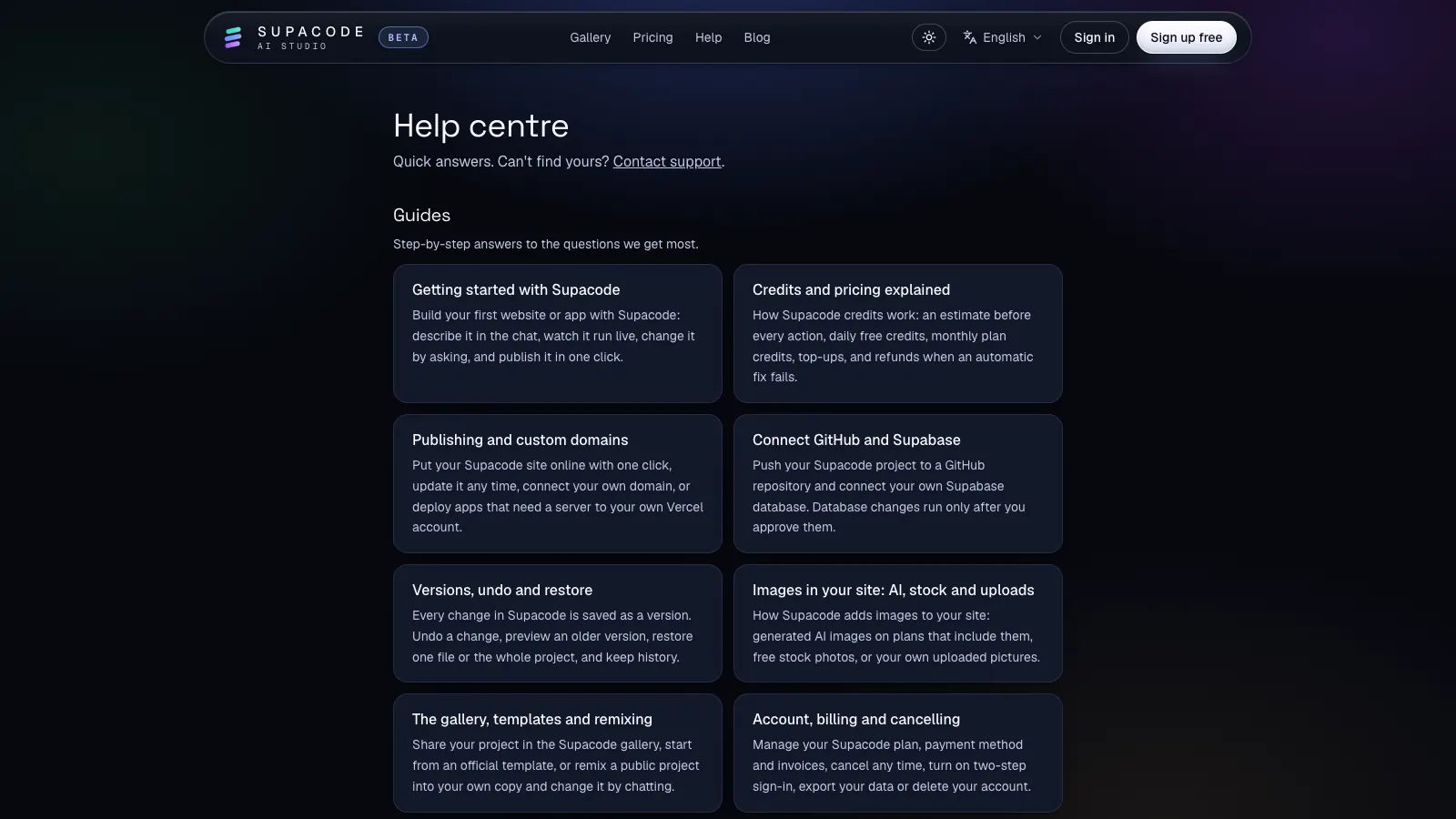 The Supacode help centre with guides for getting started, credits and pricing, publishing and custom domains, GitHub and Supabase, versions and images