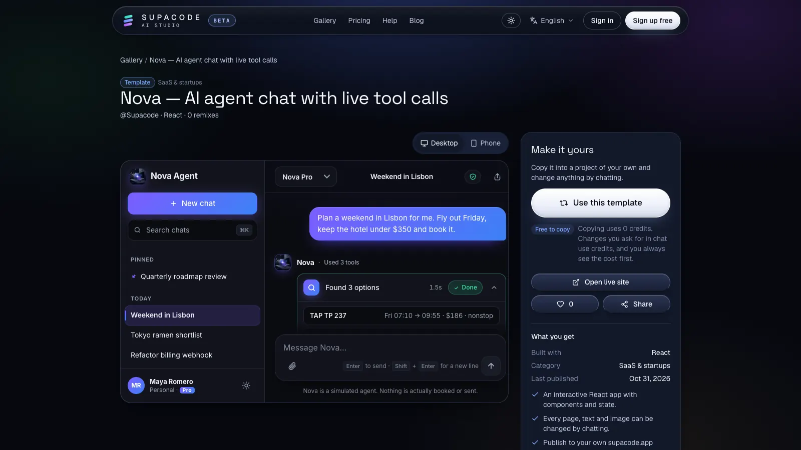 The Nova template page: an AI agent chat preview planning a weekend in Lisbon, with the Use this template button and the note that copying uses 0 credits