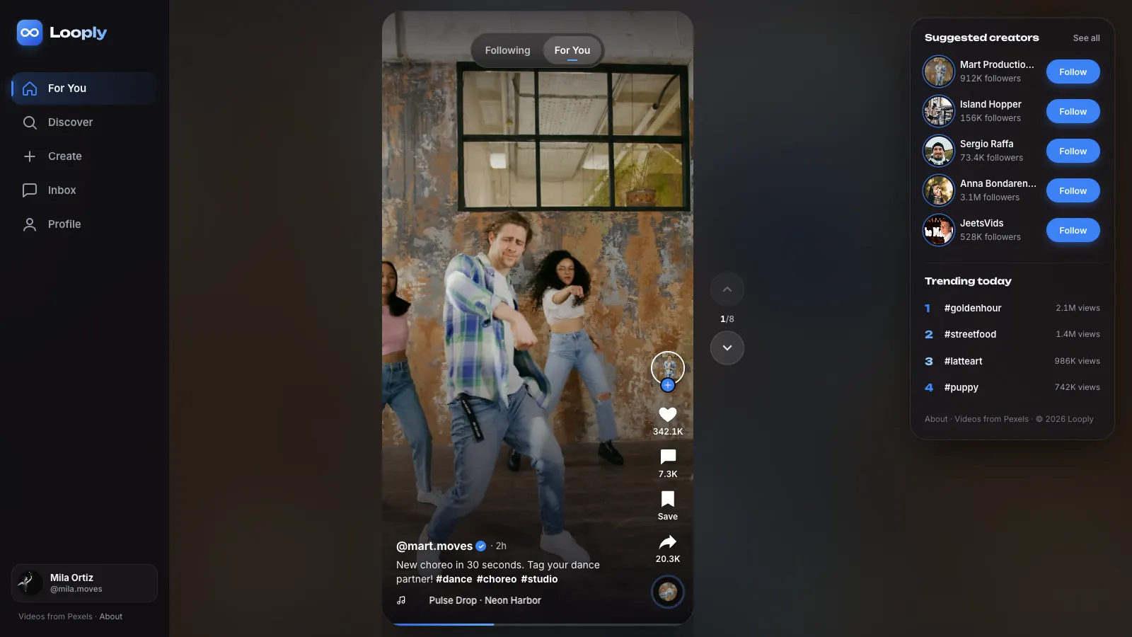 The Looply template: a vertical short-video feed with like, comment, save and share buttons, suggested creators and trending hashtags