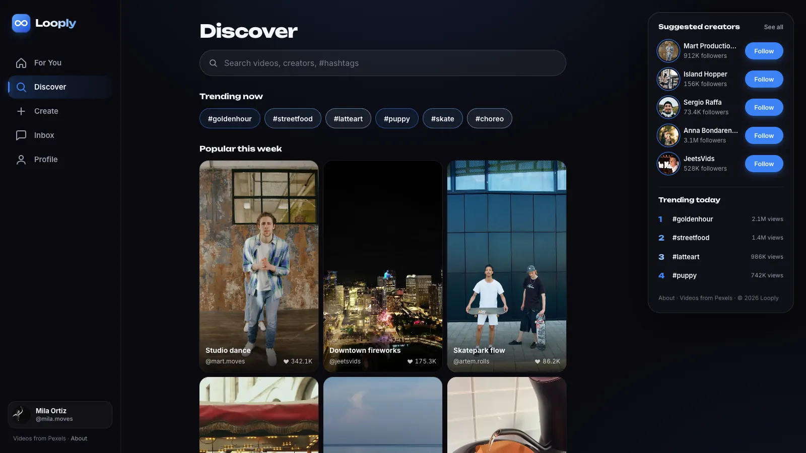 Looply's Discover page with a search bar, trending hashtag chips and a grid of popular vertical clips with like counts