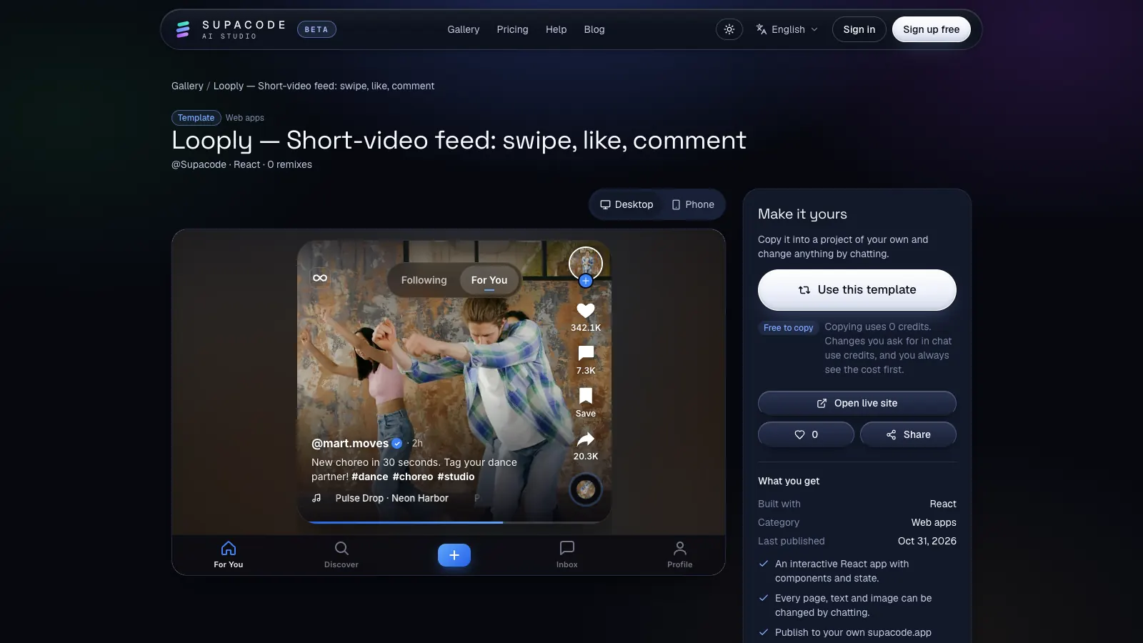 The Looply template page on supacode.io with the live preview, the Use this template button and the note that copying uses 0 credits