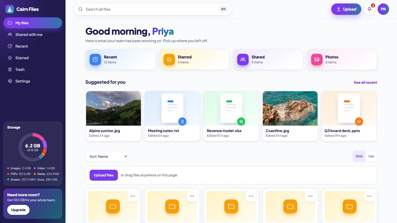 Cairn Files, a Supacode cloud drive template: a sidebar with My files, Shared, Recent, Starred and Trash, a storage meter showing 6.2 GB of 15 GB, and suggested files with an Upload button