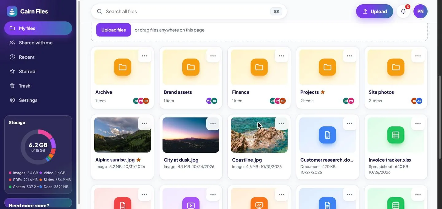 Cairn Files template: an Upload files button with a drag-and-drop zone above folder cards (Archive, Brand assets, Finance, Projects, Site photos) with sharer avatars, and image previews