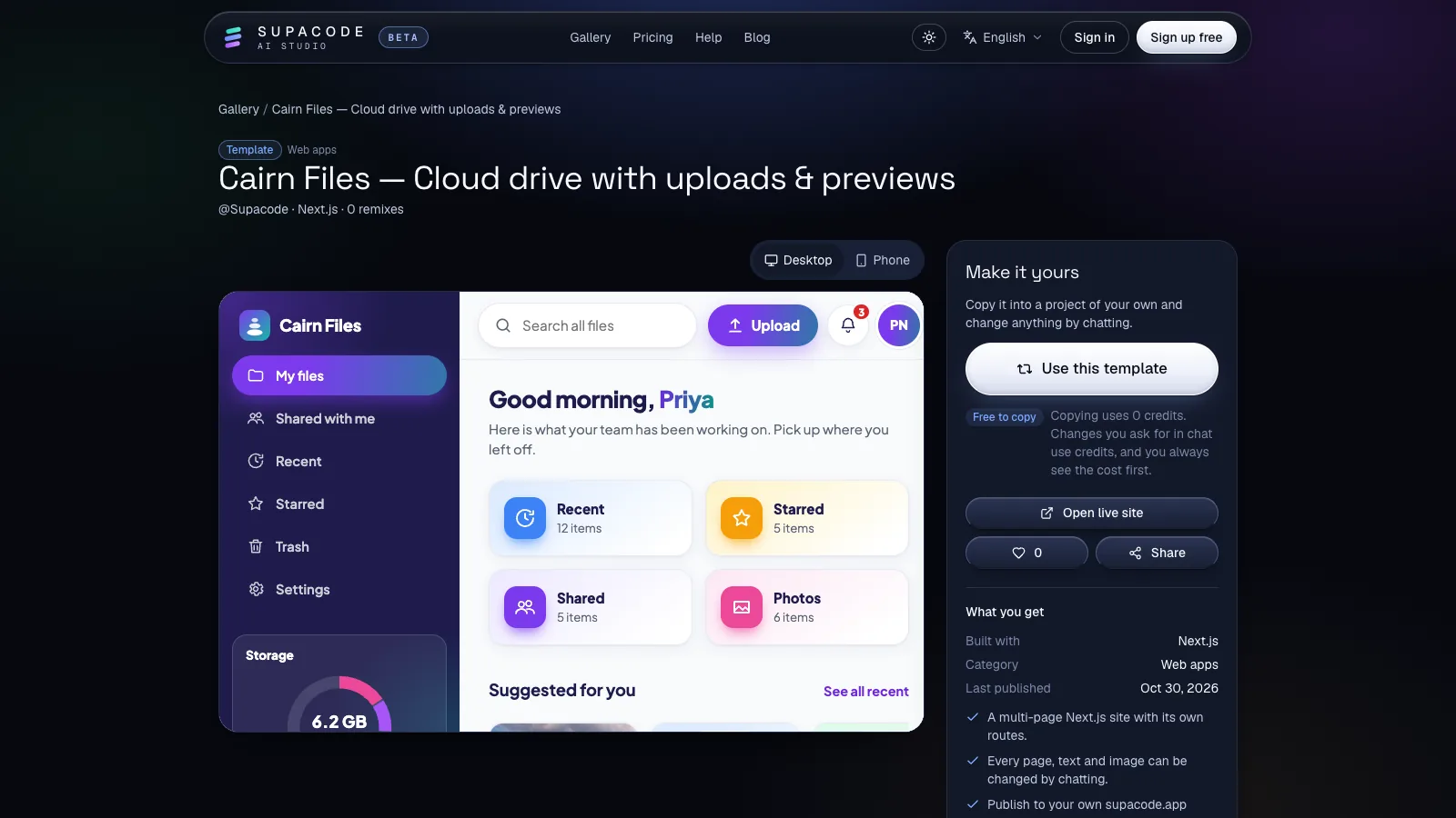 The Cairn Files template page on supacode.io: a live desktop preview of the cloud drive and a Make it yours panel with Use this template, Free to copy (copying uses 0 credits) and Open live site