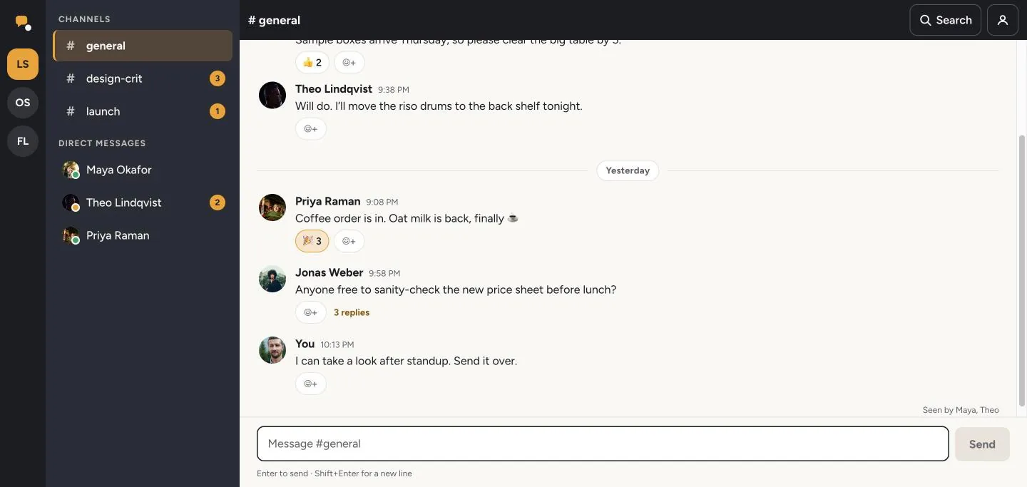 Parley, a Supacode React messenger template: channels and direct messages in a sidebar, a conversation with reactions and threaded replies, a Seen by note and a message box with Send
