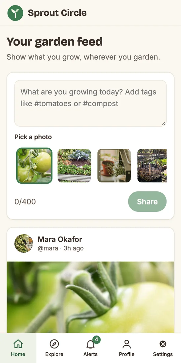 Sprout Circle, a Supacode Next.js social template on a phone: a garden feed with a post composer and photo picker, a post from Mara Okafor, and bottom tabs for Home, Explore, Alerts, Profile and Settings