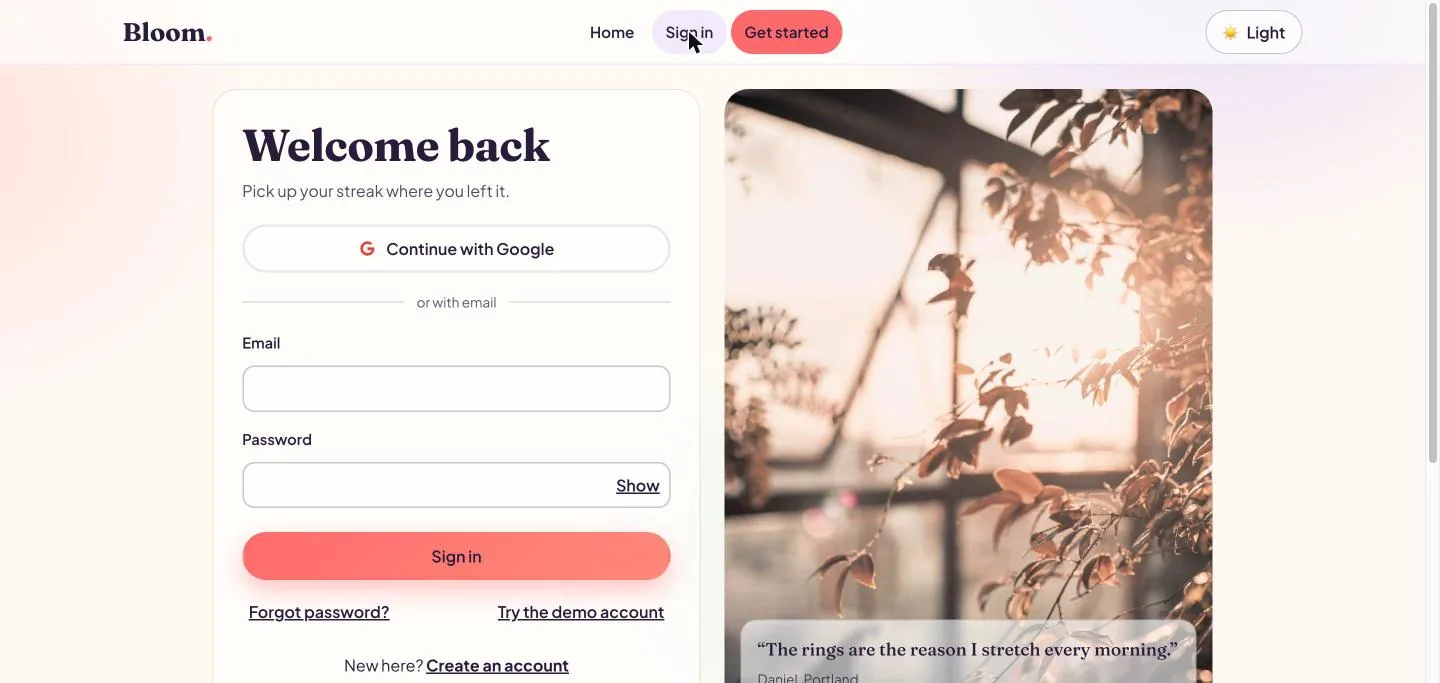 Bloom, a Supacode Next.js template: a Welcome back sign-in page with Continue with Google, email and password fields, Forgot password, Try the demo account and Create an account links