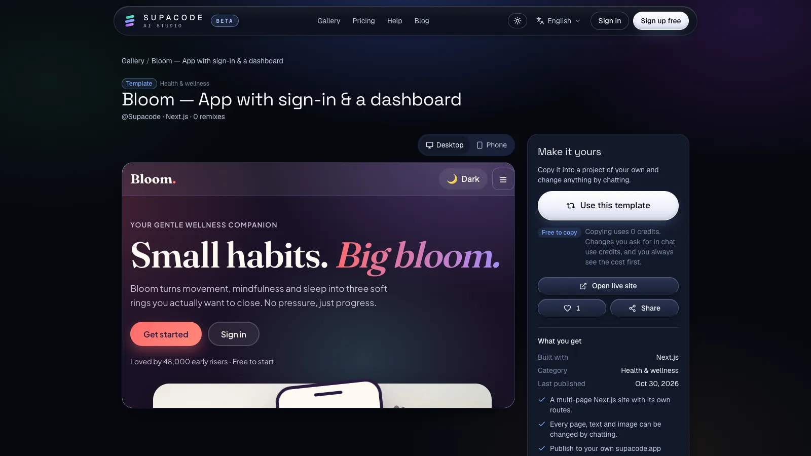 The Bloom template page on supacode.io: an app with sign-in and a dashboard, built with Next.js, with a live preview and a Use this template button marked Free to copy