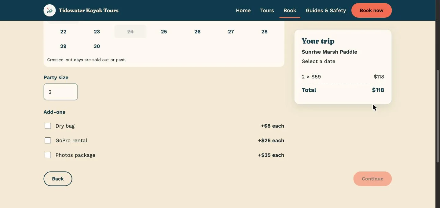 The Tidewater booking flow's date step: a November calendar with a sold-out day crossed out, a party-size field, three paid add-ons and a Your trip summary showing 2 x $59 = $118