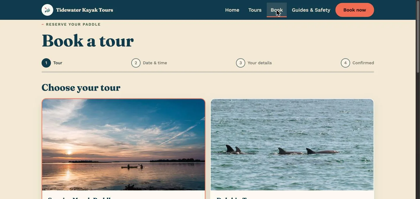 The Tidewater template's Book a tour page: a four-step progress bar (Tour, Date and time, Your details, Confirmed) above a choice of tours with photos