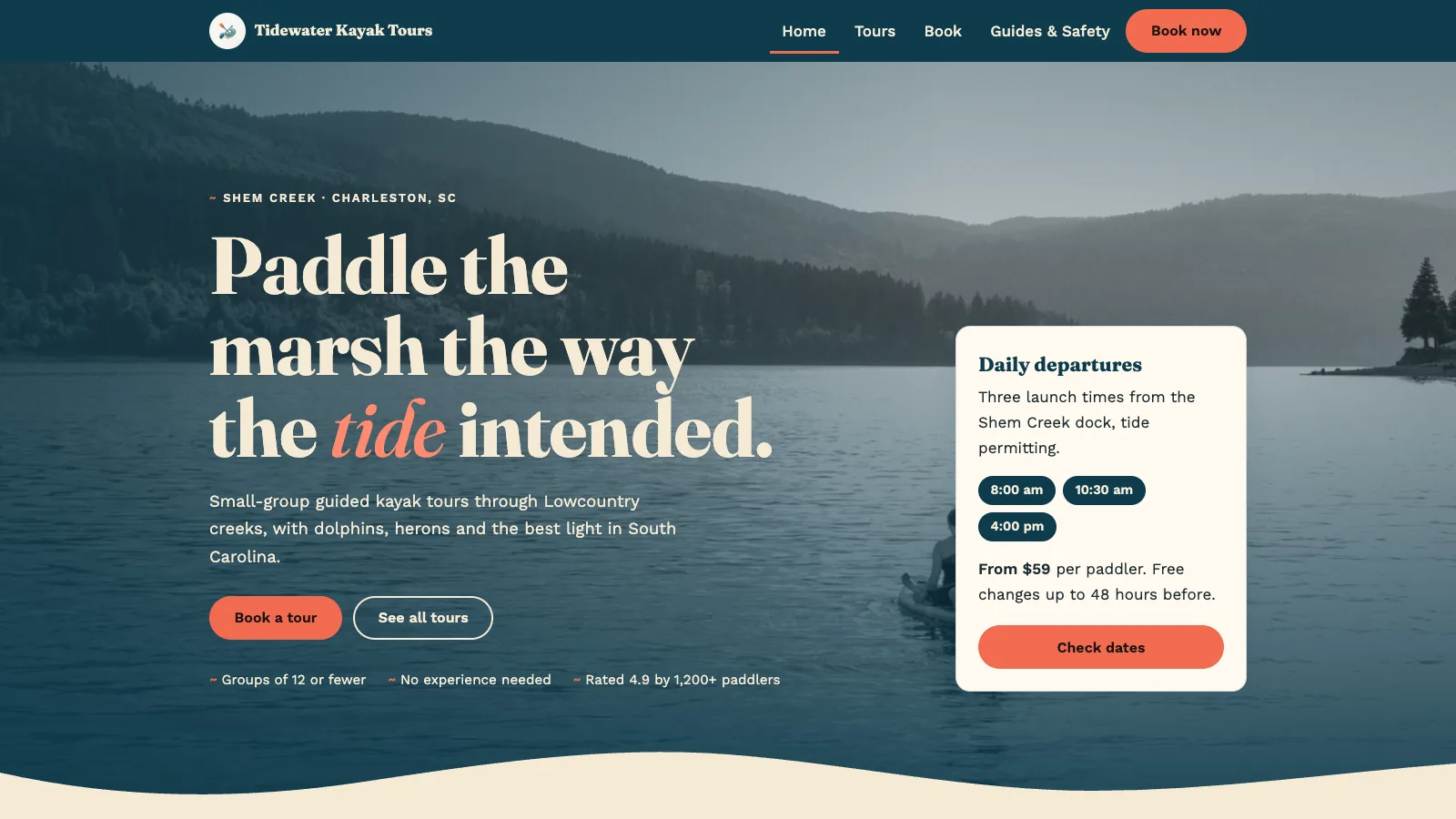 Tidewater Kayak Tours, a Supacode booking template: a hero headline over a marsh at dawn, daily departure times and a Book now button
