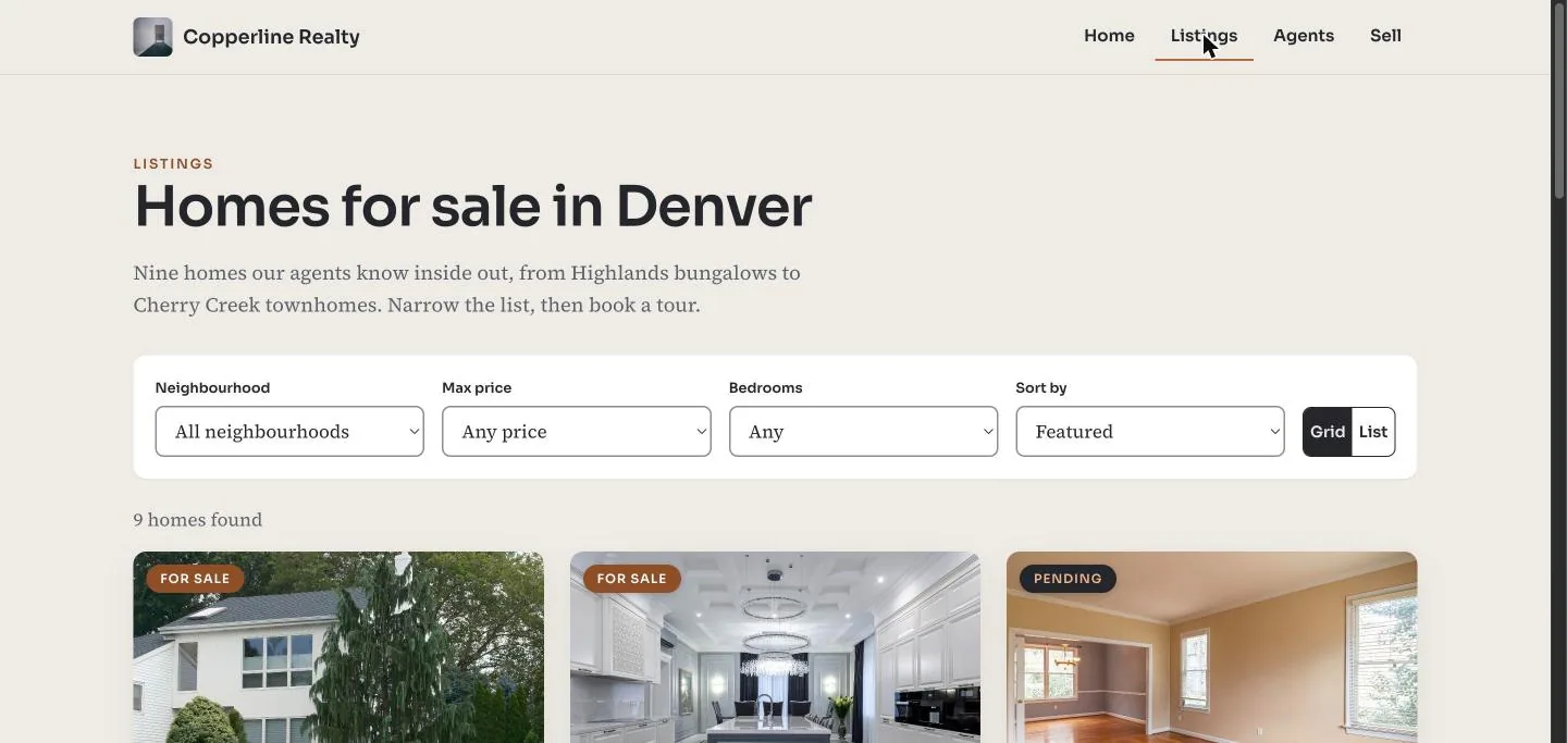 Copperline Realty, a Supacode listings template: Homes for sale in Denver with filters for neighbourhood, max price, bedrooms and sort, and a grid or list toggle