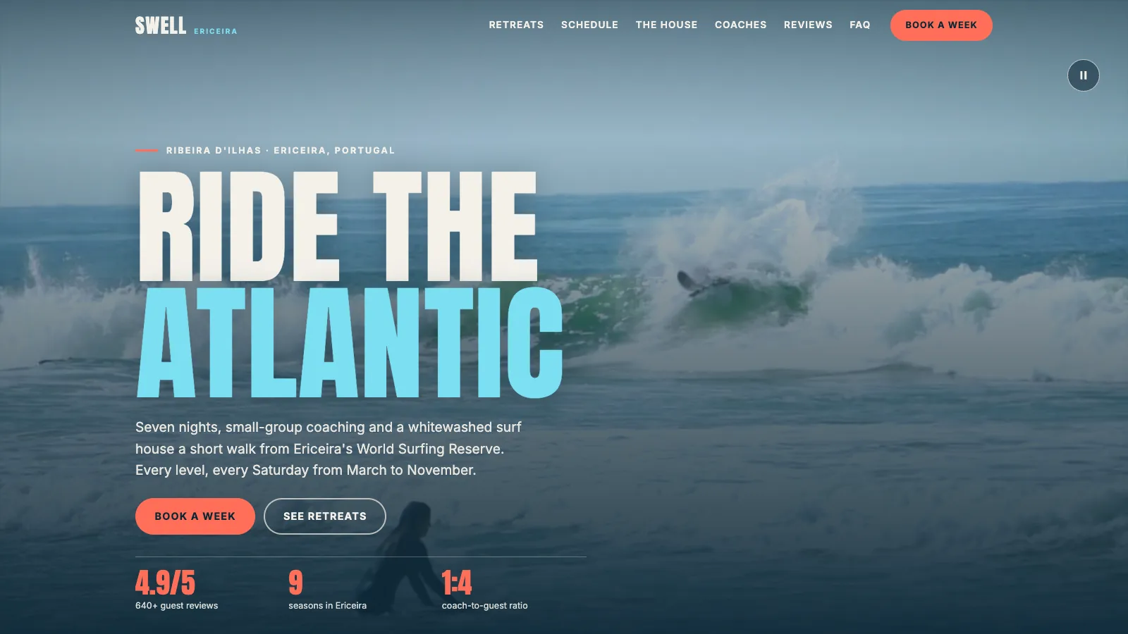Swell, a Supacode template for a surf-retreat business in Ericeira: a full-screen surf video, a Book a week button and guest review stats