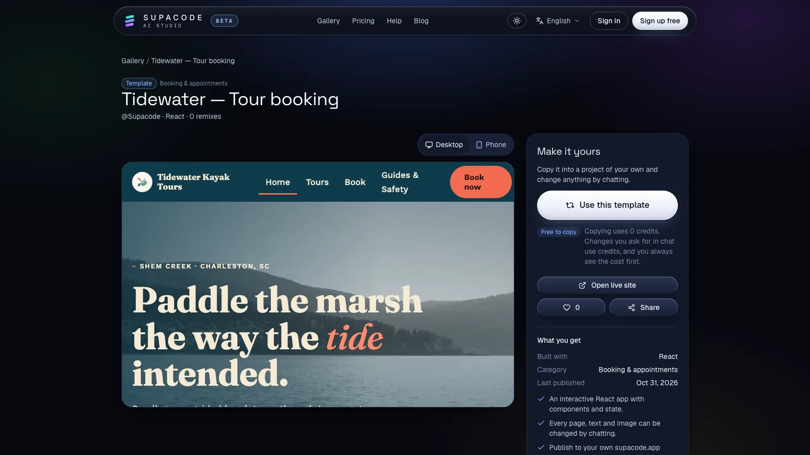 The Tidewater tour-booking template page on supacode.io: Built with React, category Booking and appointments, a live preview and a Make it yours panel with Use this template and a Free to copy note