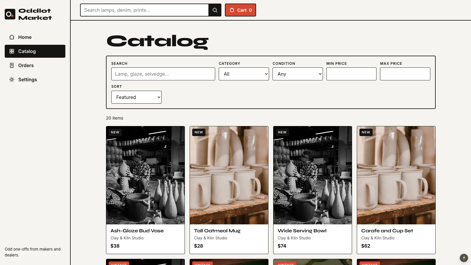 Oddlot Market catalog page: search, category, condition, min and max price filters and sort, above product cards showing name, shop name and price such as an Ash-Glaze Bud Vase from Clay and Kiln Studio for $38