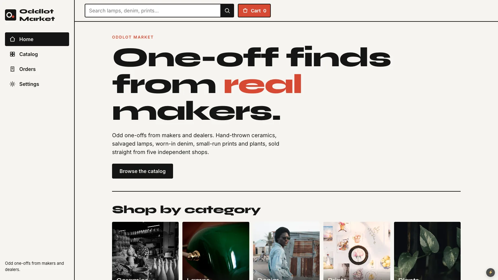 Oddlot Market, a Supacode marketplace template: the headline One-off finds from real makers, a search bar, a cart button, a sidebar with Home, Catalog, Orders and Settings, and shop-by-category photos