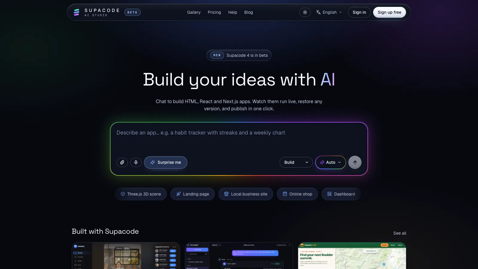 The supacode.io home page: the headline Build your ideas with AI, a composer to describe an app with attach, dictate and Surprise me buttons, a Build mode menu and an Auto stack picker, and idea chips including Online shop