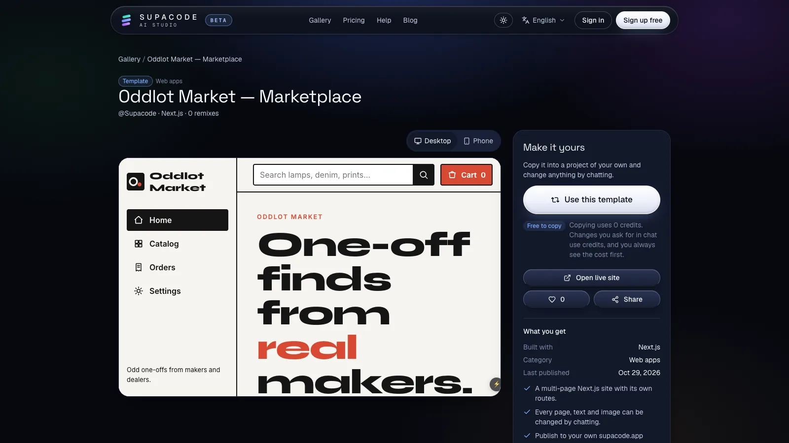 The Oddlot Market template page on supacode.io: Built with Next.js, a live preview and a Make it yours panel with Use this template and Free to copy