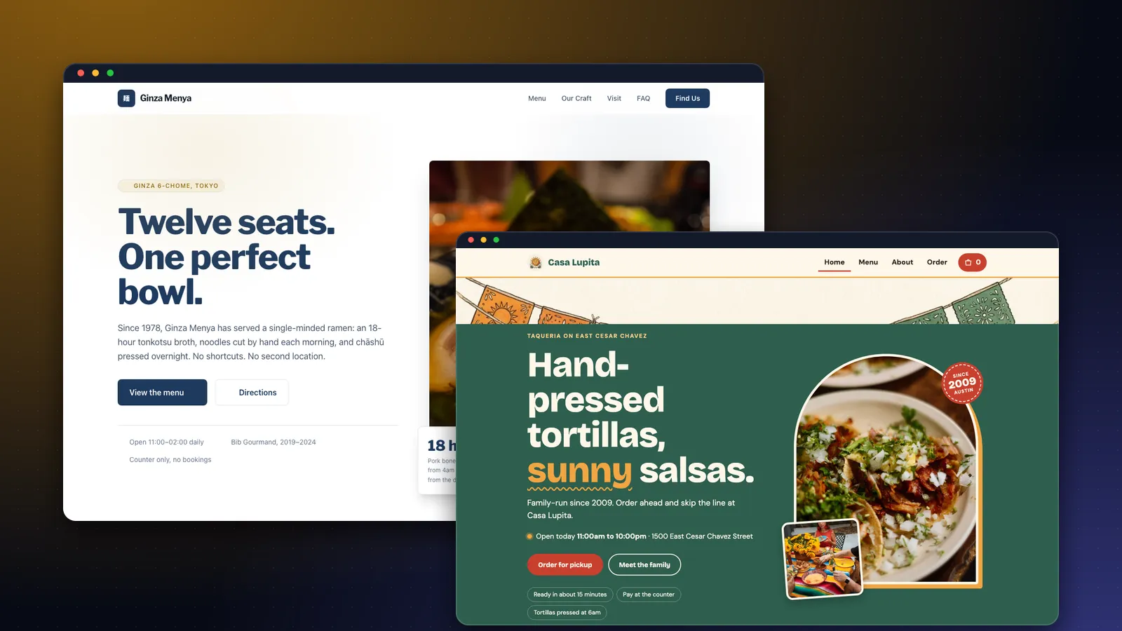 Two small business websites built with Supacode: a Tokyo ramen shop and a taqueria with online ordering