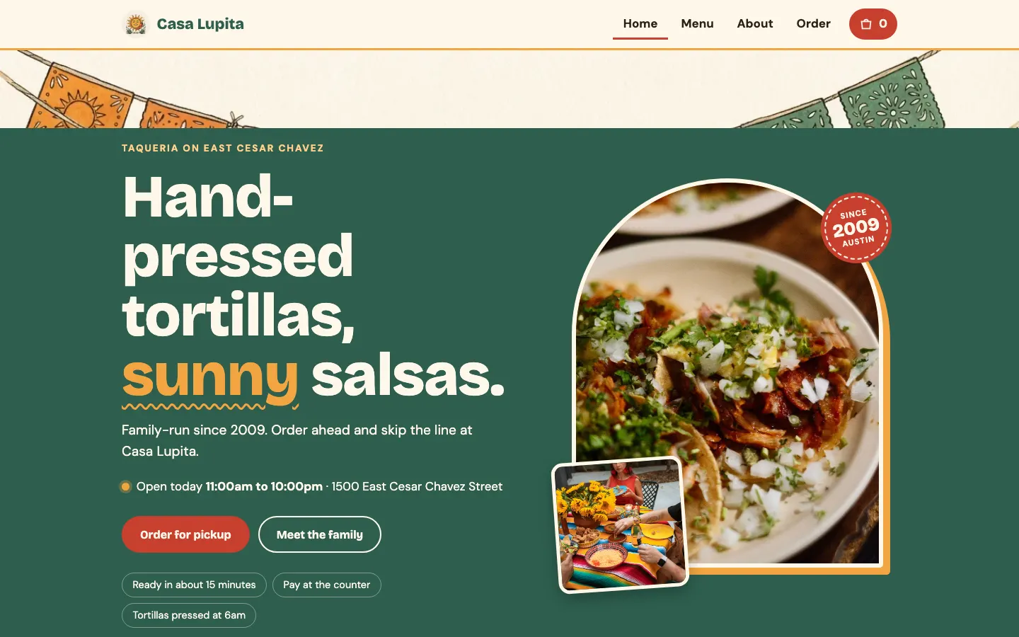 Casa Lupita, a taqueria website template with opening hours, address and an Order for pickup button