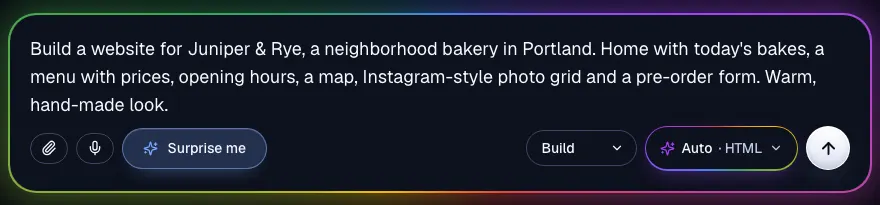 The Supacode composer with a prompt for a bakery website typed in