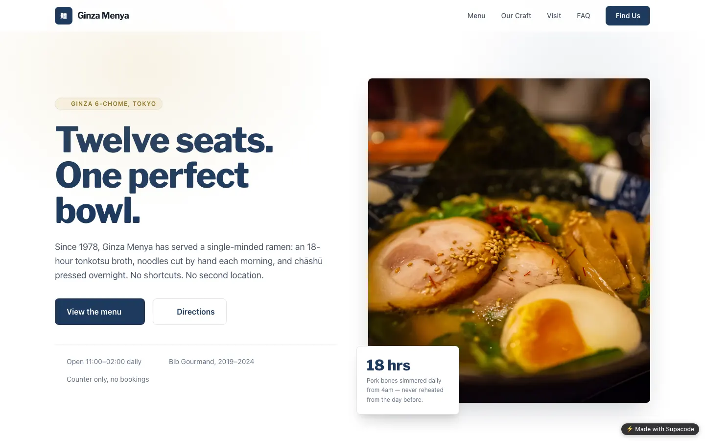 Ginza Menya, a one-page ramen shop website with a large photo of a ramen bowl, opening hours and View the menu button