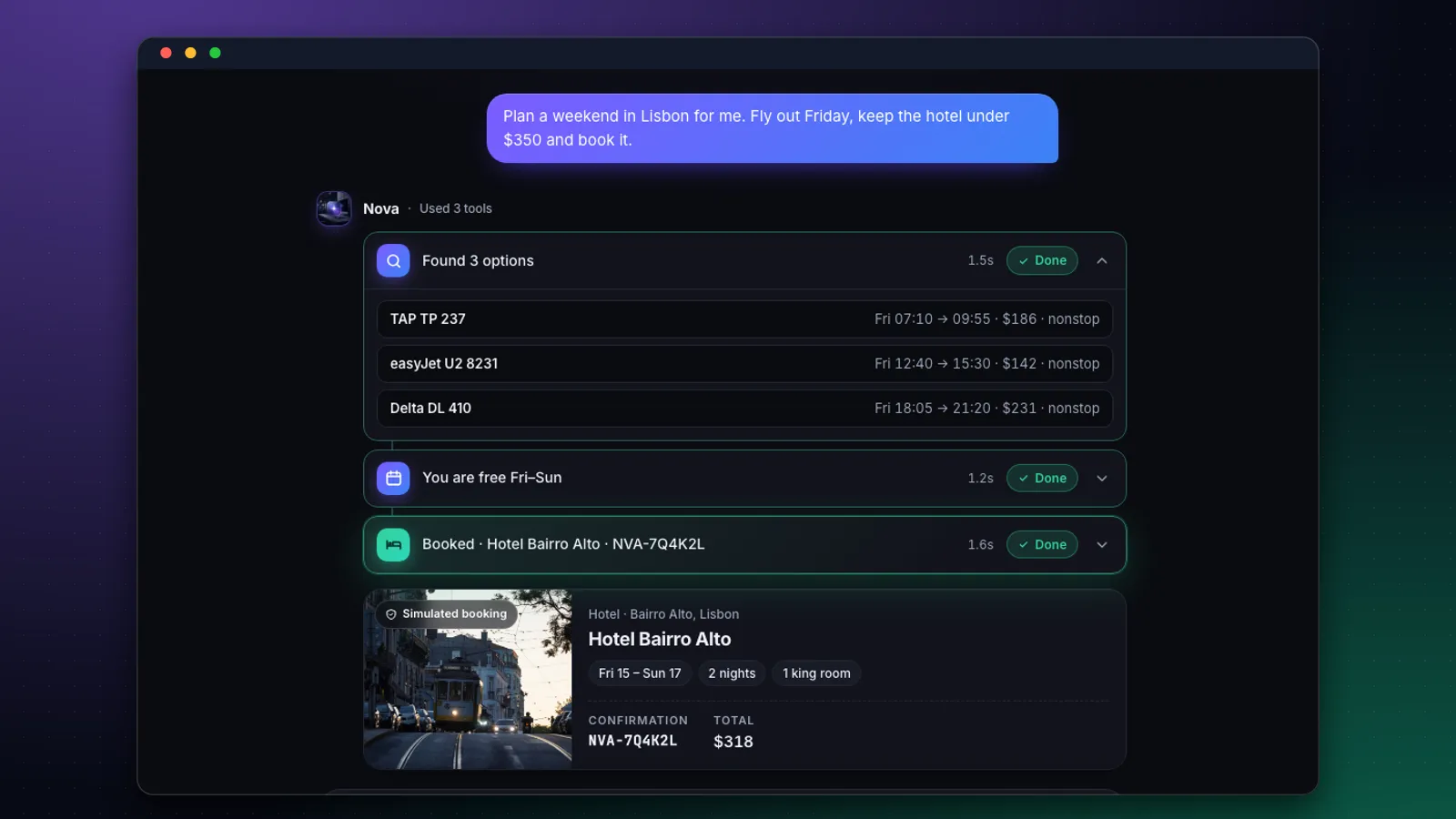 An AI agent chat in Supacode's Nova template, showing three completed tool calls: flight search, calendar check and a hotel booking
