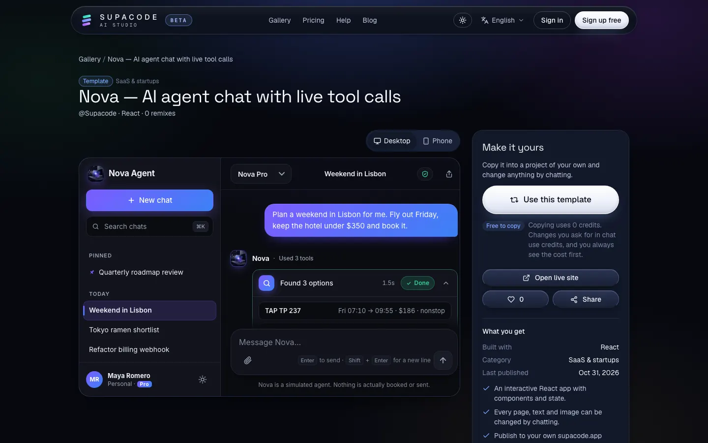 The Nova template page on Supacode with a live preview of the agent chat and a Make it yours panel with a Use this template button and a Free to copy note