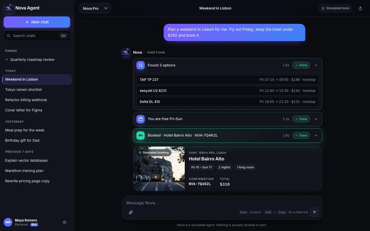 The Nova agent template: a request to plan a weekend in Lisbon, followed by three tool cards (found 3 flight options, calendar free Friday to Sunday, hotel booked) with timings and Done badges