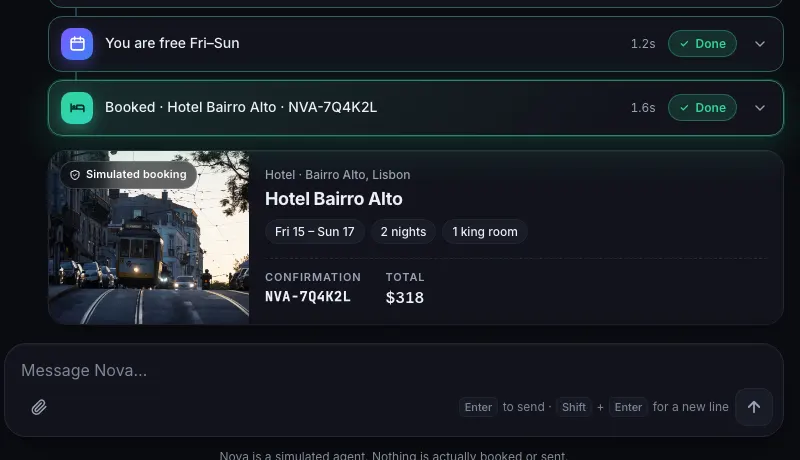 A booking result card labelled Simulated booking, with hotel name, dates, room, confirmation code and total price