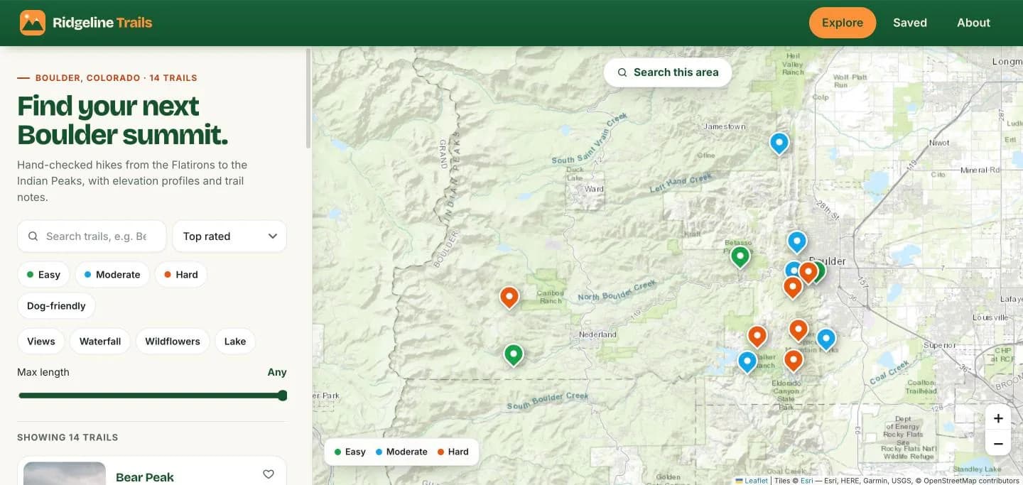Ridgeline Trails, a Supacode React template with an interactive Leaflet map of Boulder, colour-coded markers by difficulty, a Search this area button and a filterable list beside the map