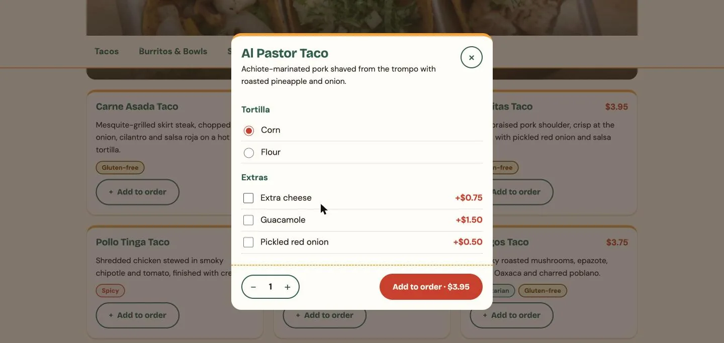 The Casa Lupita customise dialog for an Al Pastor Taco: corn or flour tortilla, extras with prices (cheese, guacamole, pickled red onion), a quantity stepper and an Add to order button with the price