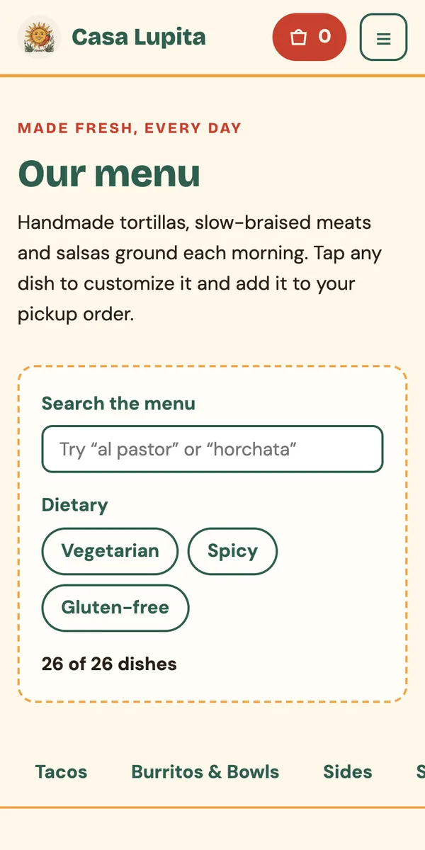 The Casa Lupita template on a phone: Our menu with a search box, Vegetarian, Spicy and Gluten-free filters, 26 dishes and category tabs for Tacos, Burritos and Bowls, and Sides