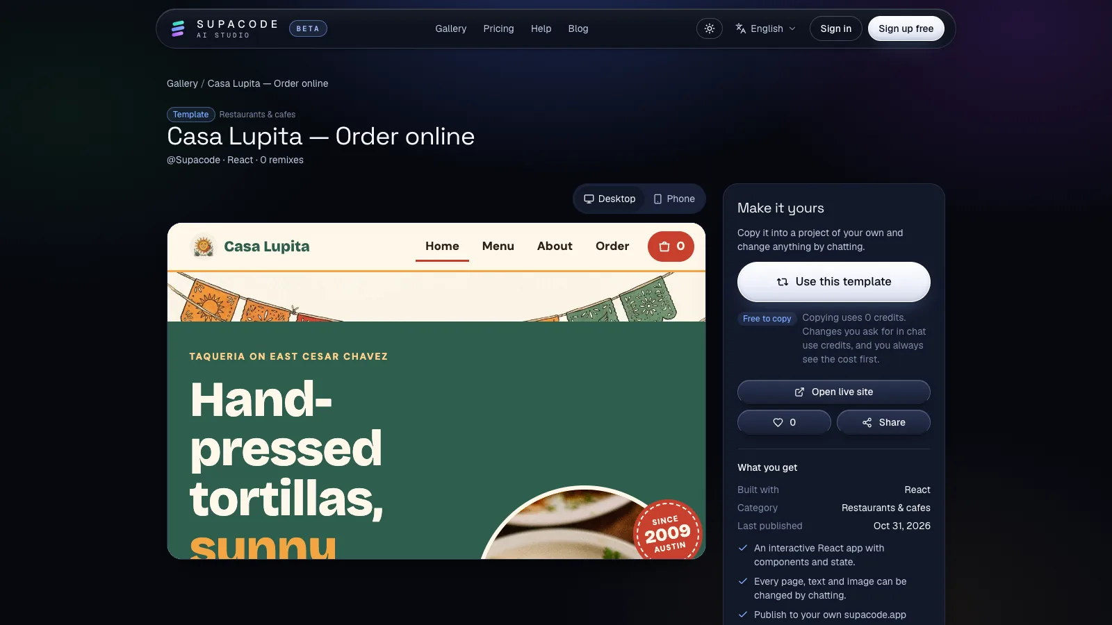 The Casa Lupita template page on supacode.io with a live preview, a Use this template button and a Free to copy note: copying uses 0 credits