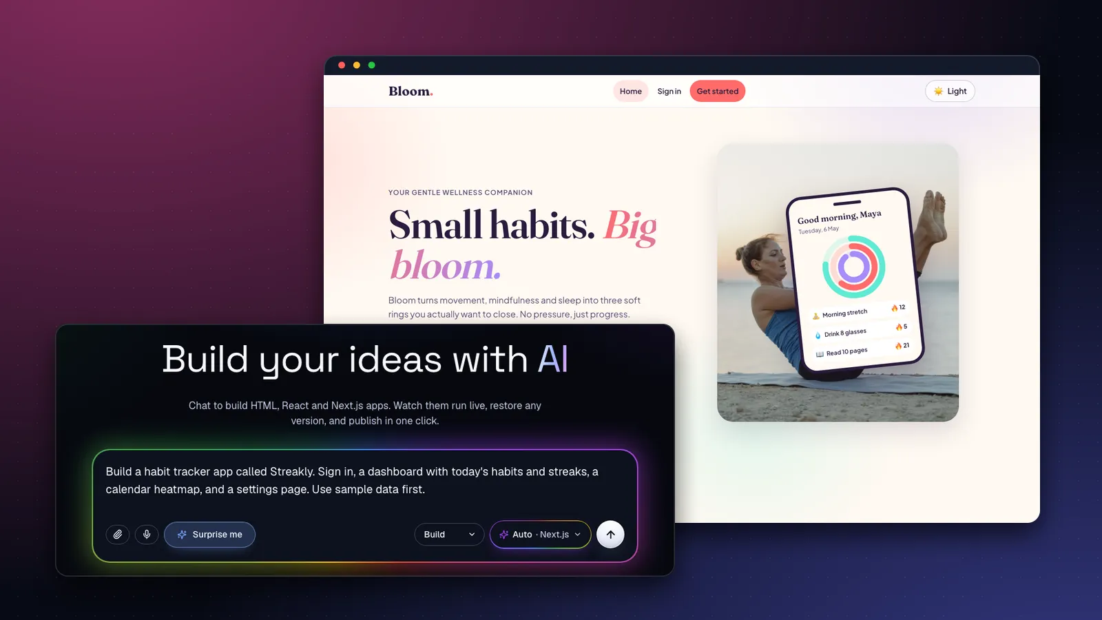 A prompt for a habit tracker app typed into Supacode in front of Bloom, a wellness app template with sign-in