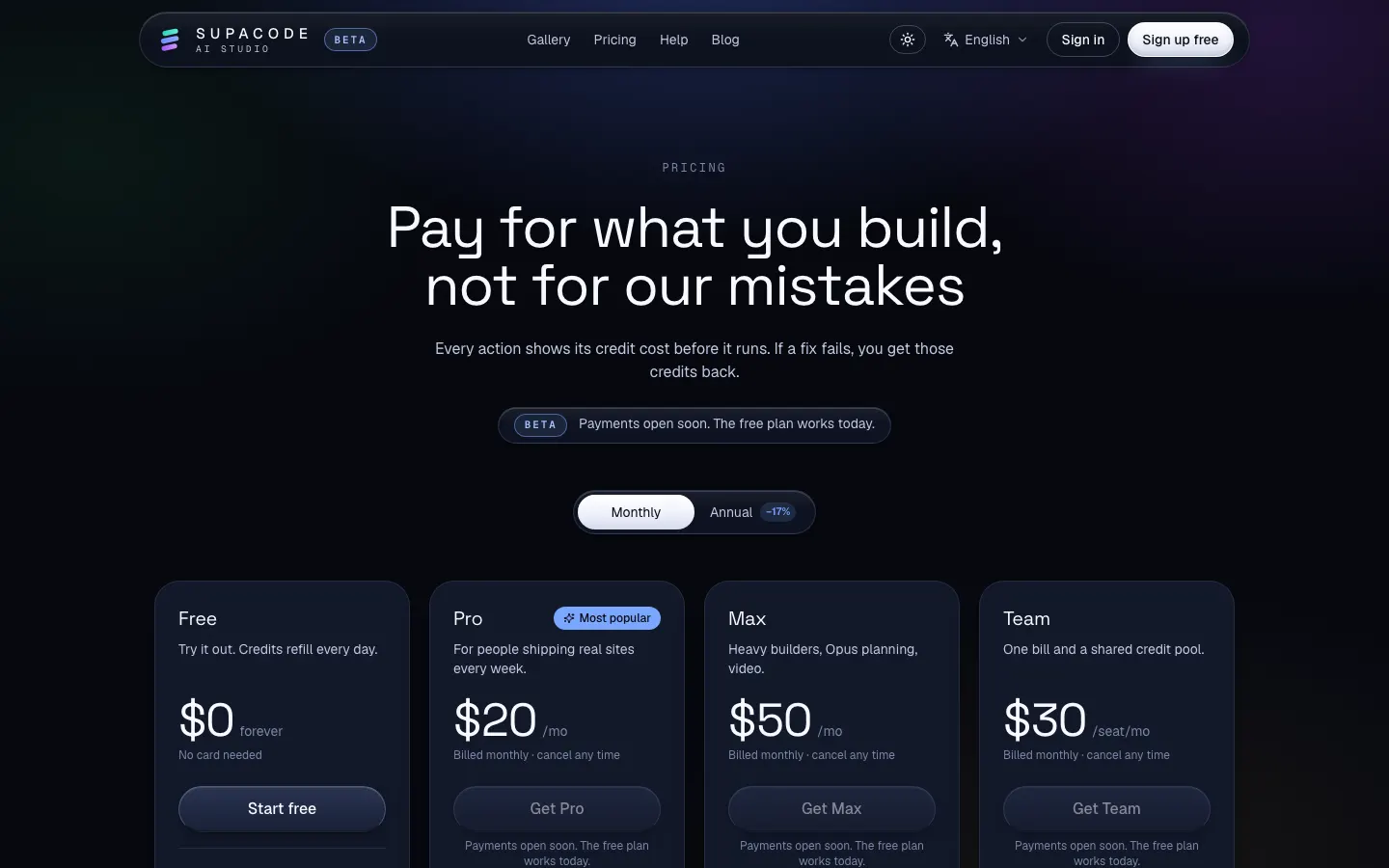 Supacode pricing: Free at $0 with daily credits, Pro at $20 a month, Max at $50 a month and Team at $30 per seat a month