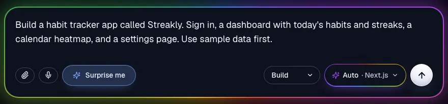 The Supacode composer with a prompt for a habit tracker app called Streakly, stack set to Auto · Next.js