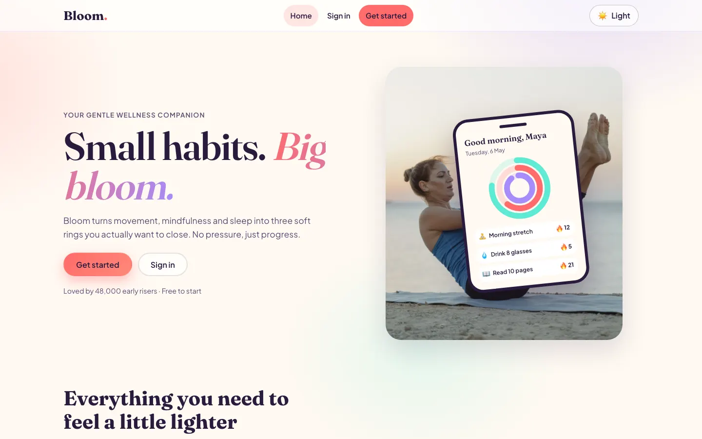 Bloom, a wellness app template with a Get started button, a Sign in link and a phone mock-up showing habit rings