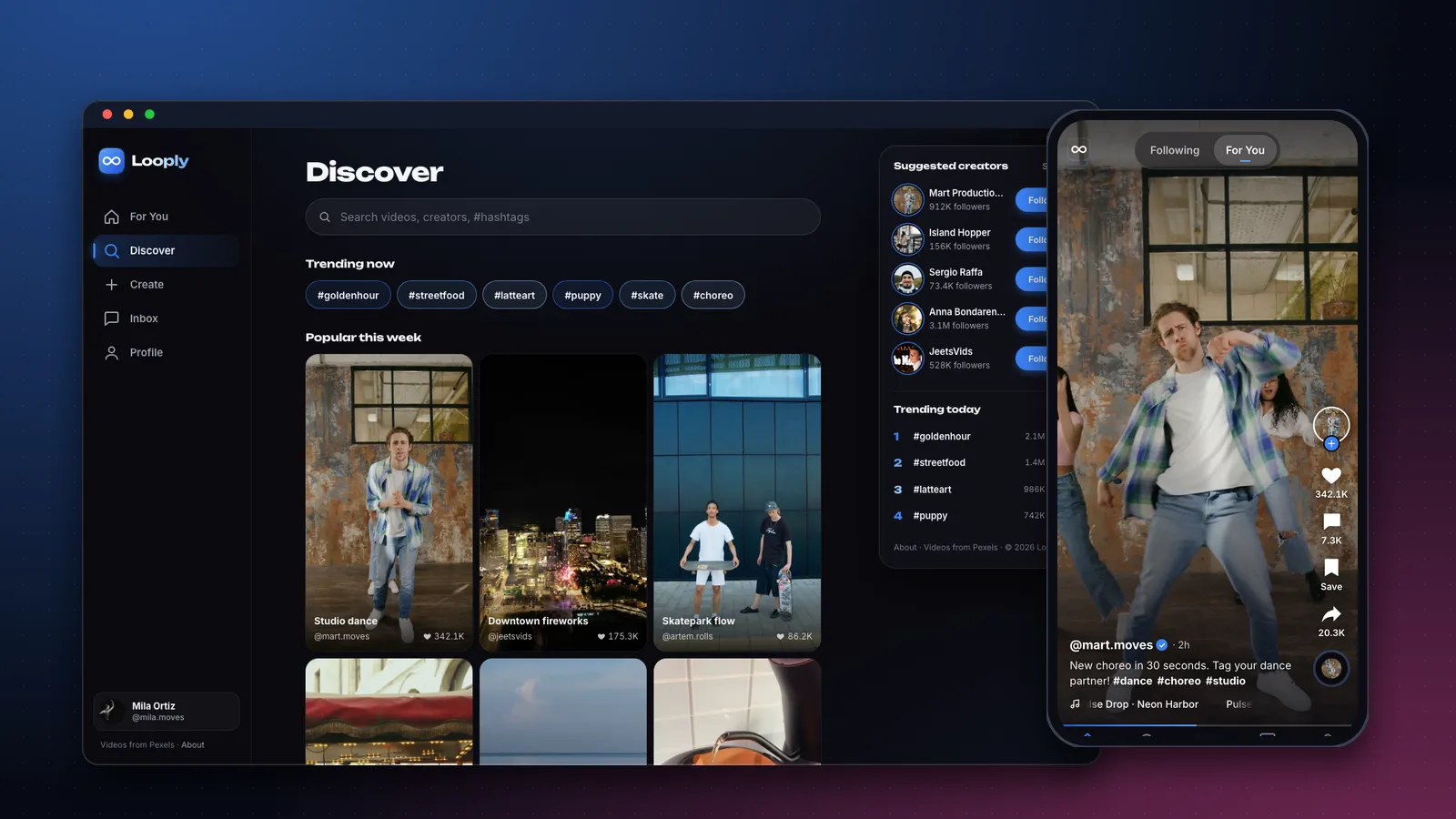 Looply, a short-video app template built with Supacode, shown as a desktop Discover page and a vertical video feed on a phone
