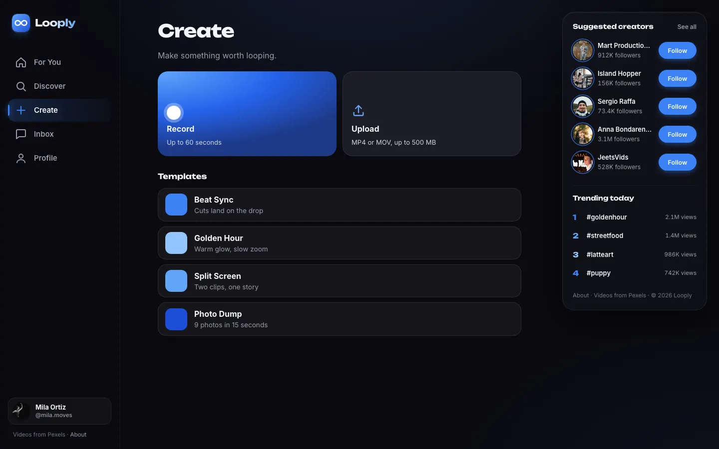 Looply's Create screen with Record and Upload options and a list of templates such as Beat Sync and Golden Hour