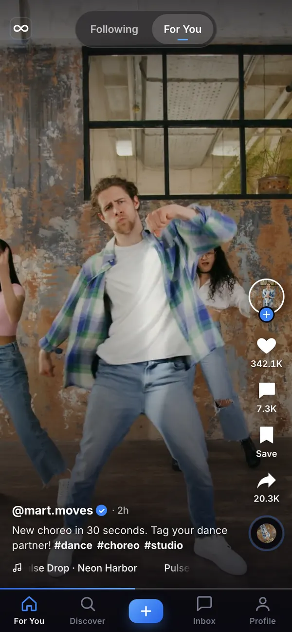Looply's vertical video feed on a phone, with Following and For You tabs, like, comment, save and share buttons and a caption with hashtags