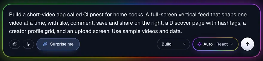 The Supacode composer with a prompt for a short-video app for home cooks called Clipnest